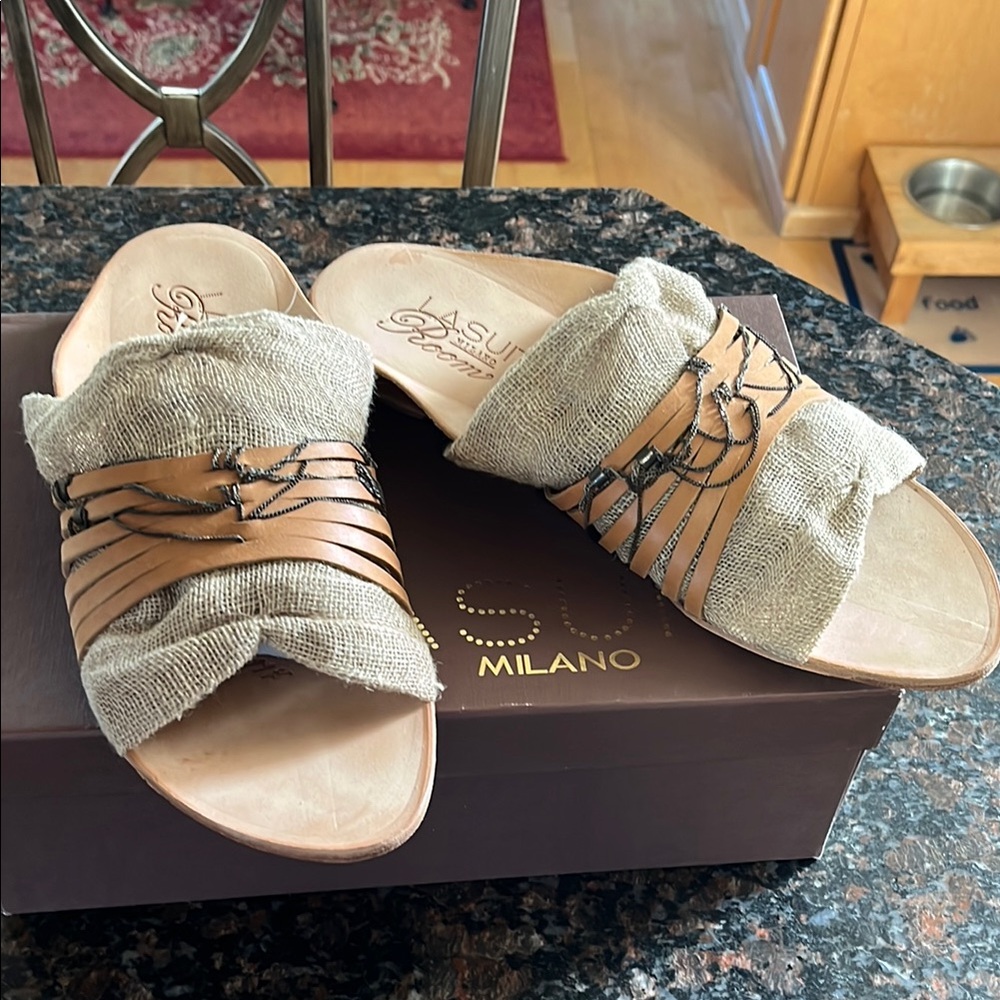 Italian slides.  Brand new never worn.  Jute top with leather and chain overlay.